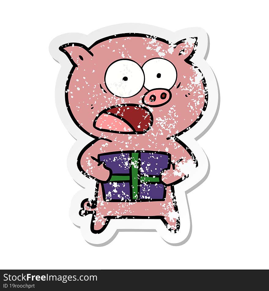 distressed sticker of a cartoon pig with christmas present