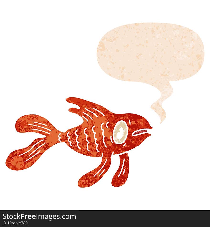 cartoon fish and speech bubble in retro textured style