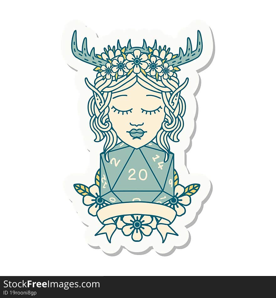 elf druid character with natural 20 dice roll sticker