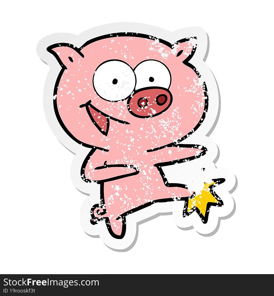 distressed sticker of a cheerful dancing pig cartoon