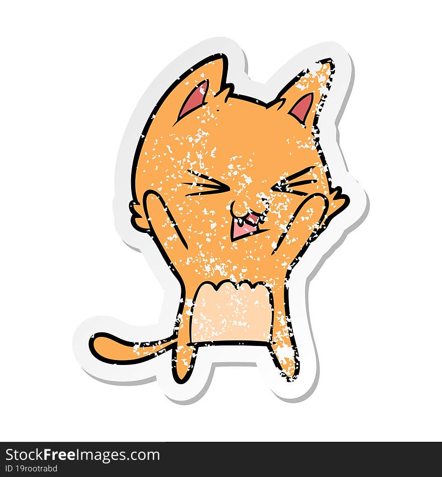 distressed sticker of a cartoon cat hissing