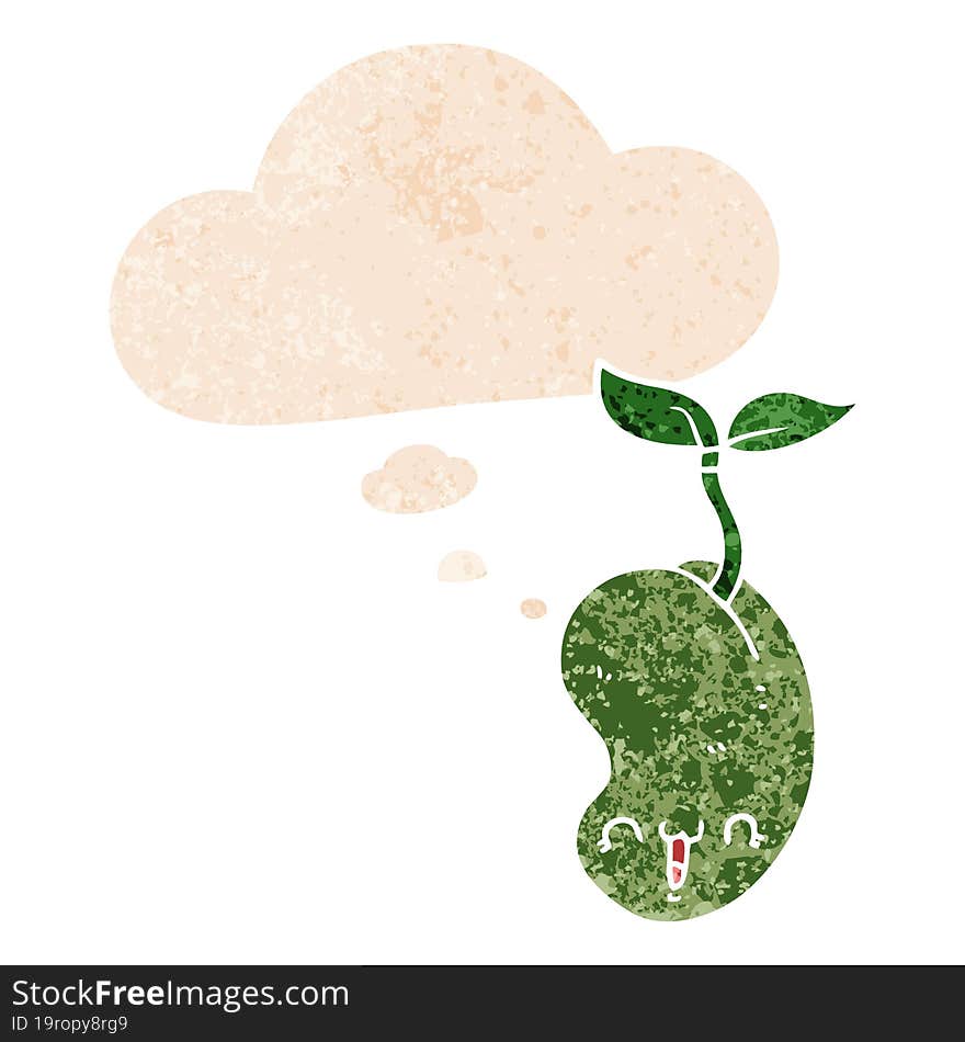 cute cartoon seed sprouting and thought bubble in retro textured style