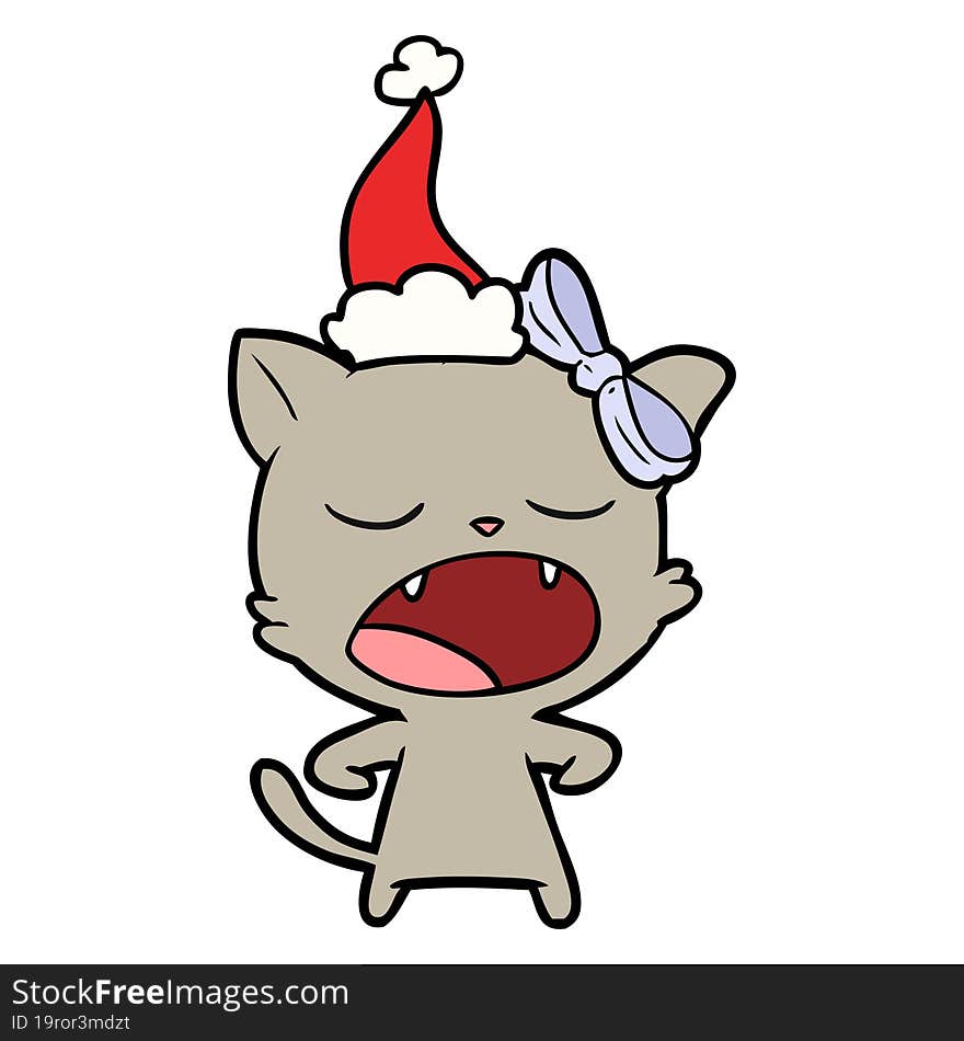 Line Drawing Of A Yawning Cat Wearing Santa Hat