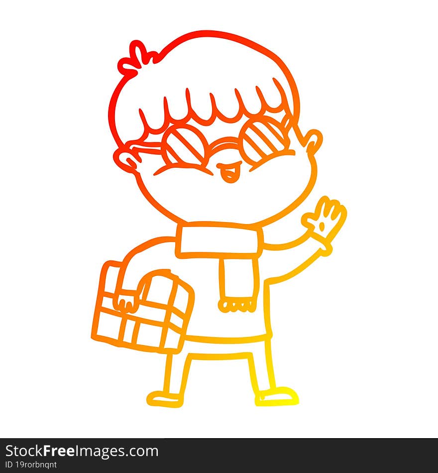 warm gradient line drawing cartoon boy wearing spectacles carrying gift