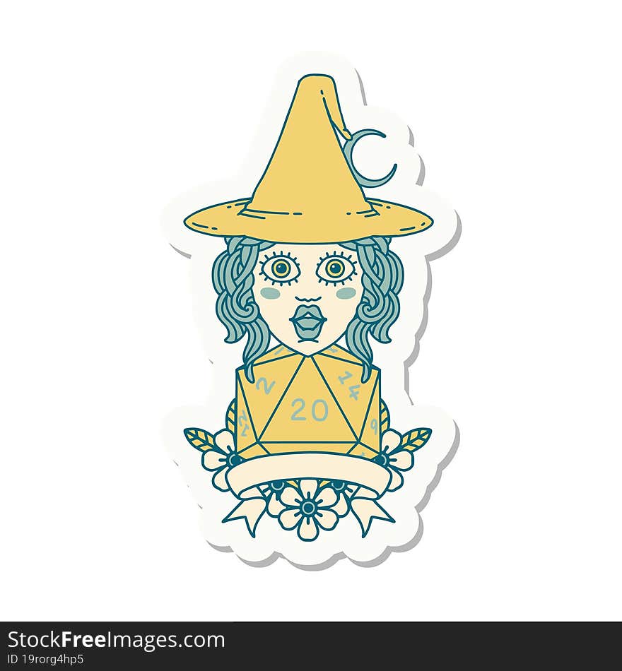 Human Witch With Natural Twenty Dice Roll Sticker