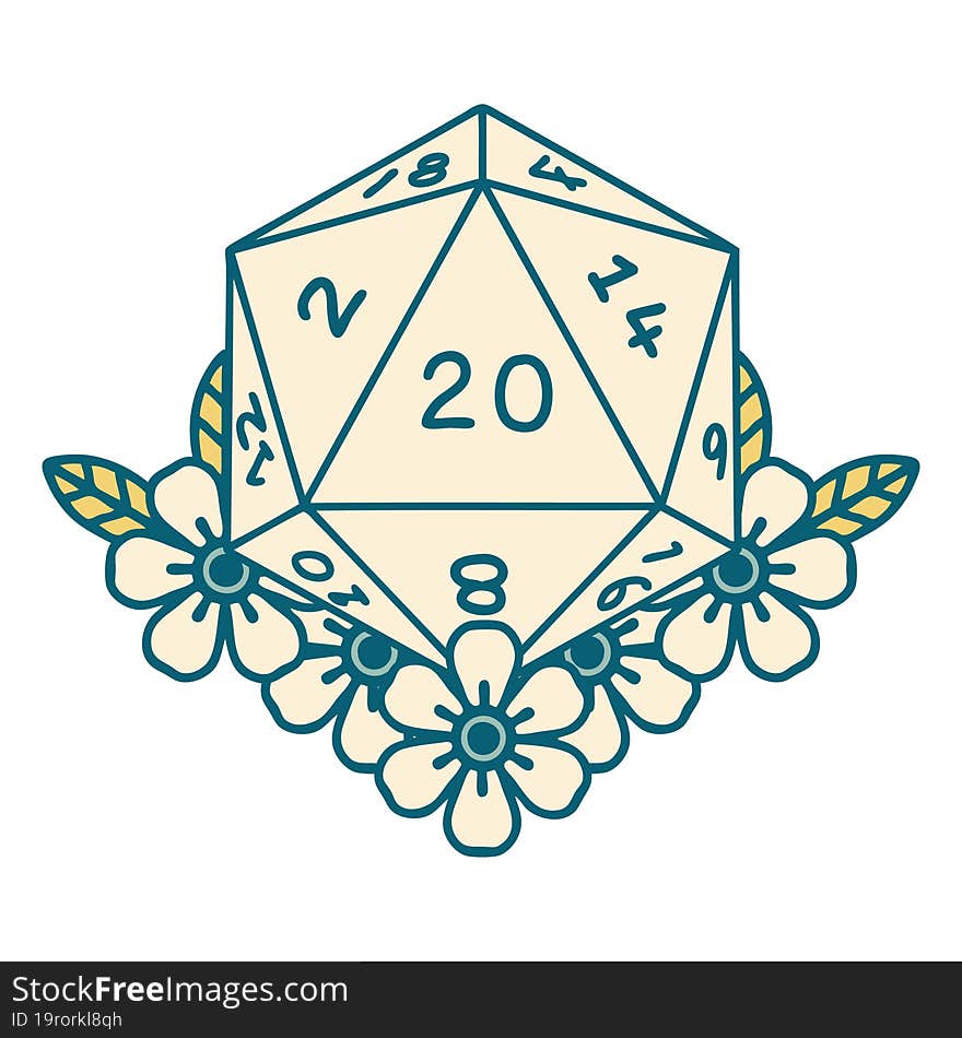 natural 20 D20 dice roll with floral elements illustration