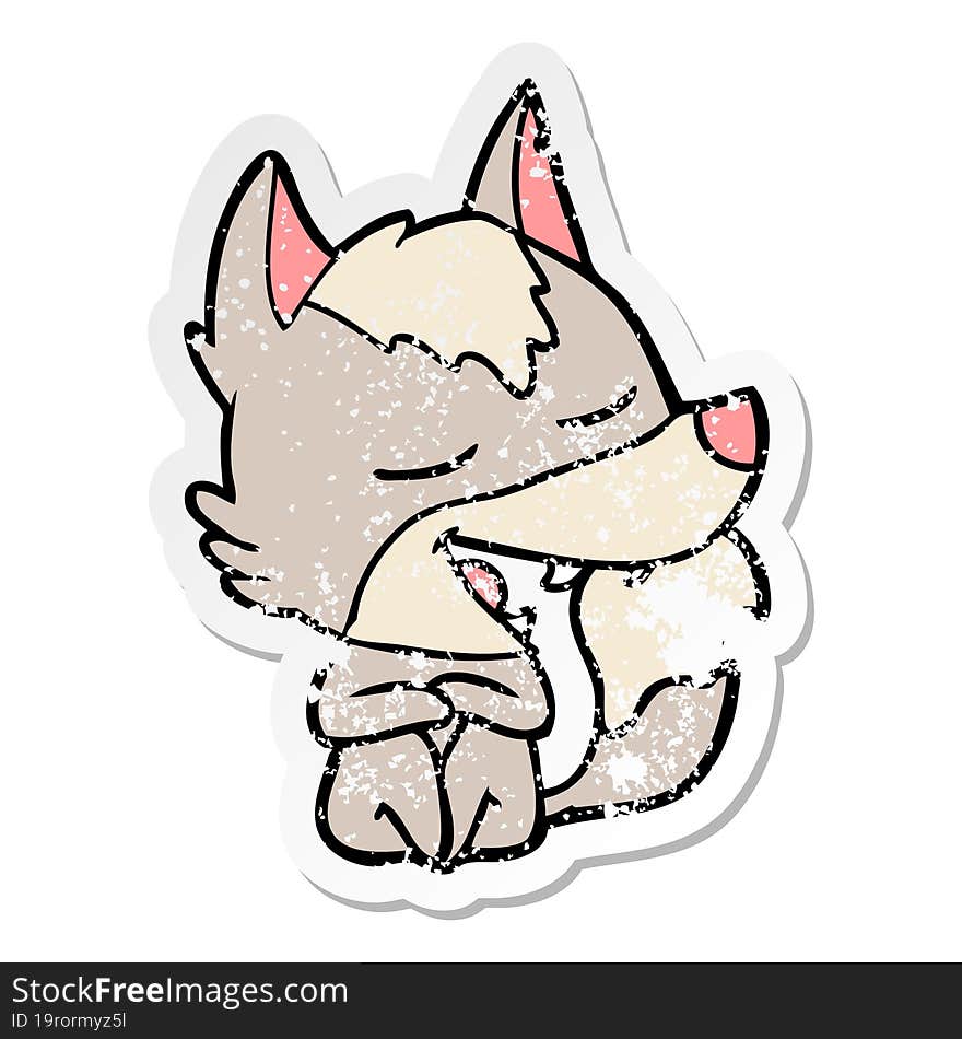 distressed sticker of a cartoon wolf sitting laughing