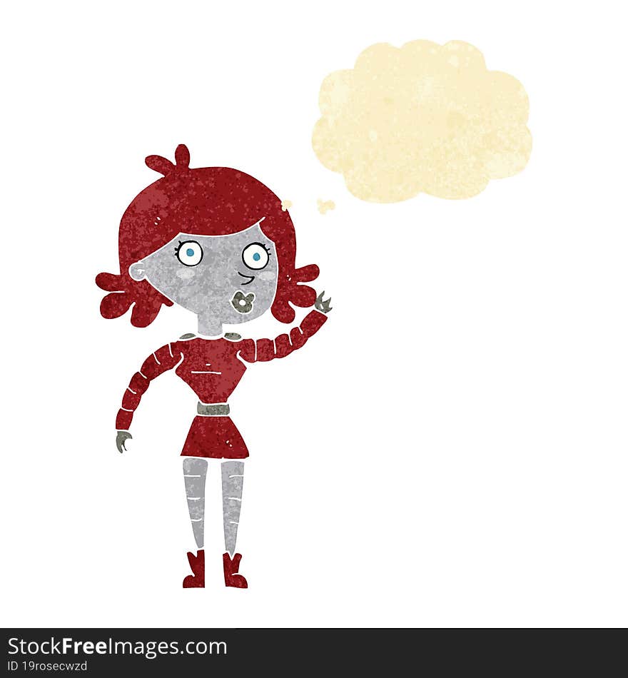 cartoon robot woman waving with thought bubble