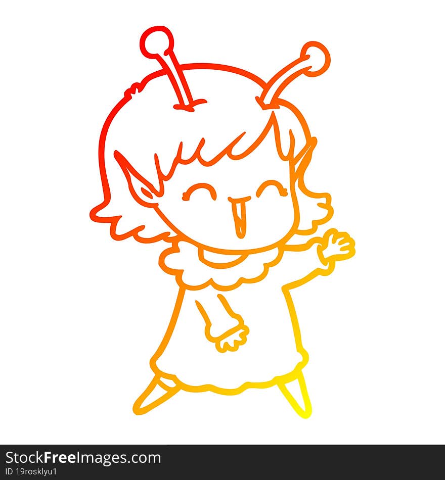 warm gradient line drawing of a cartoon alien girl laughing