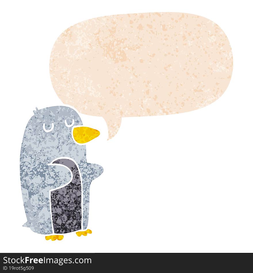 Cartoon Penguin And Speech Bubble In Retro Textured Style