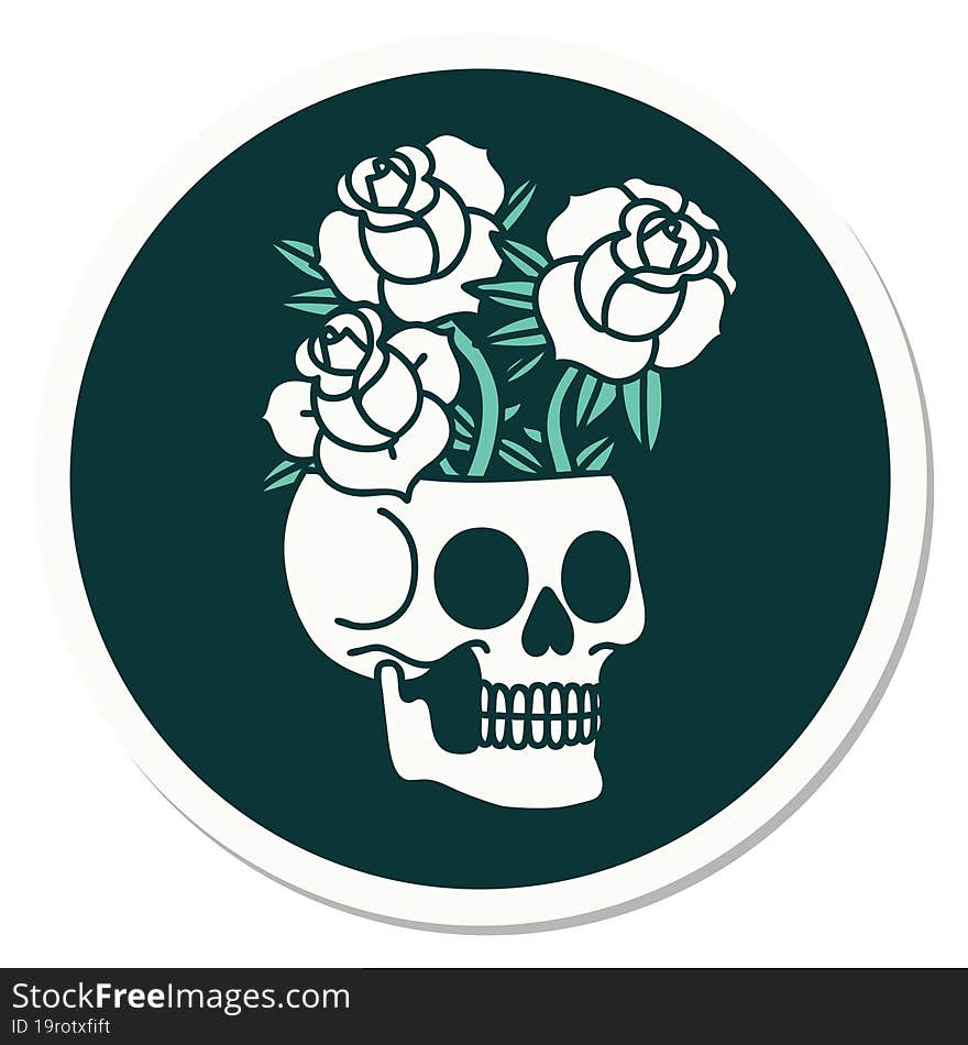 tattoo style sticker of a skull and roses