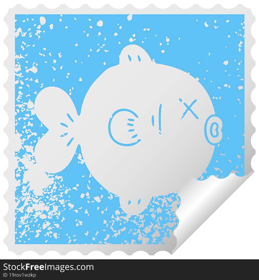 Quirky Distressed Square Peeling Sticker Symbol Fish