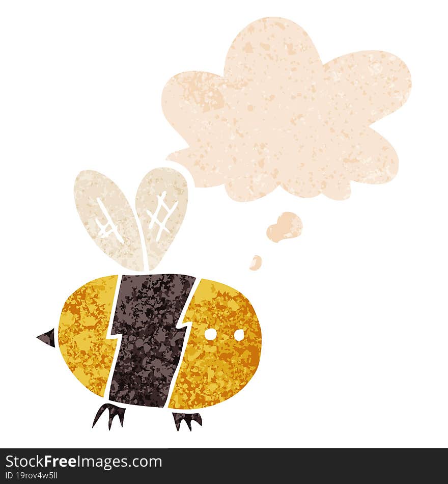 cartoon bee with thought bubble in grunge distressed retro textured style. cartoon bee with thought bubble in grunge distressed retro textured style