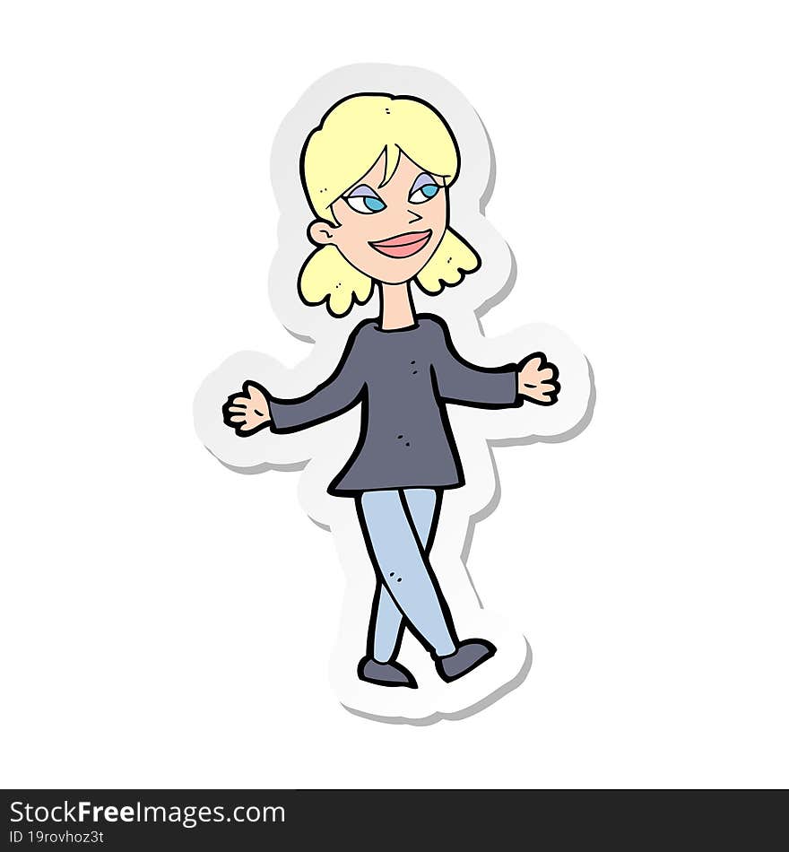 sticker of a cartoon woman with no worries