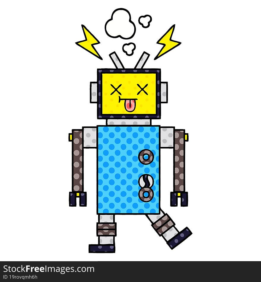 comic book style cartoon of a robot malfunction