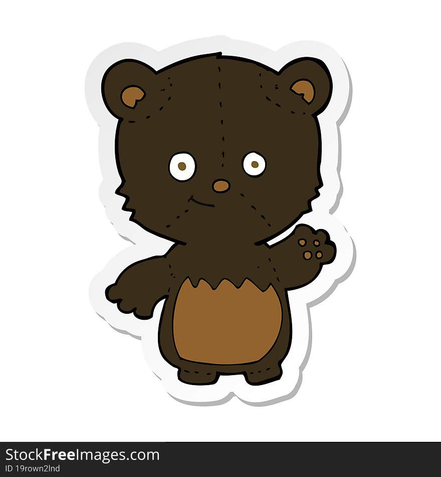 Sticker Of A Cartoon Black Bearcub Waving