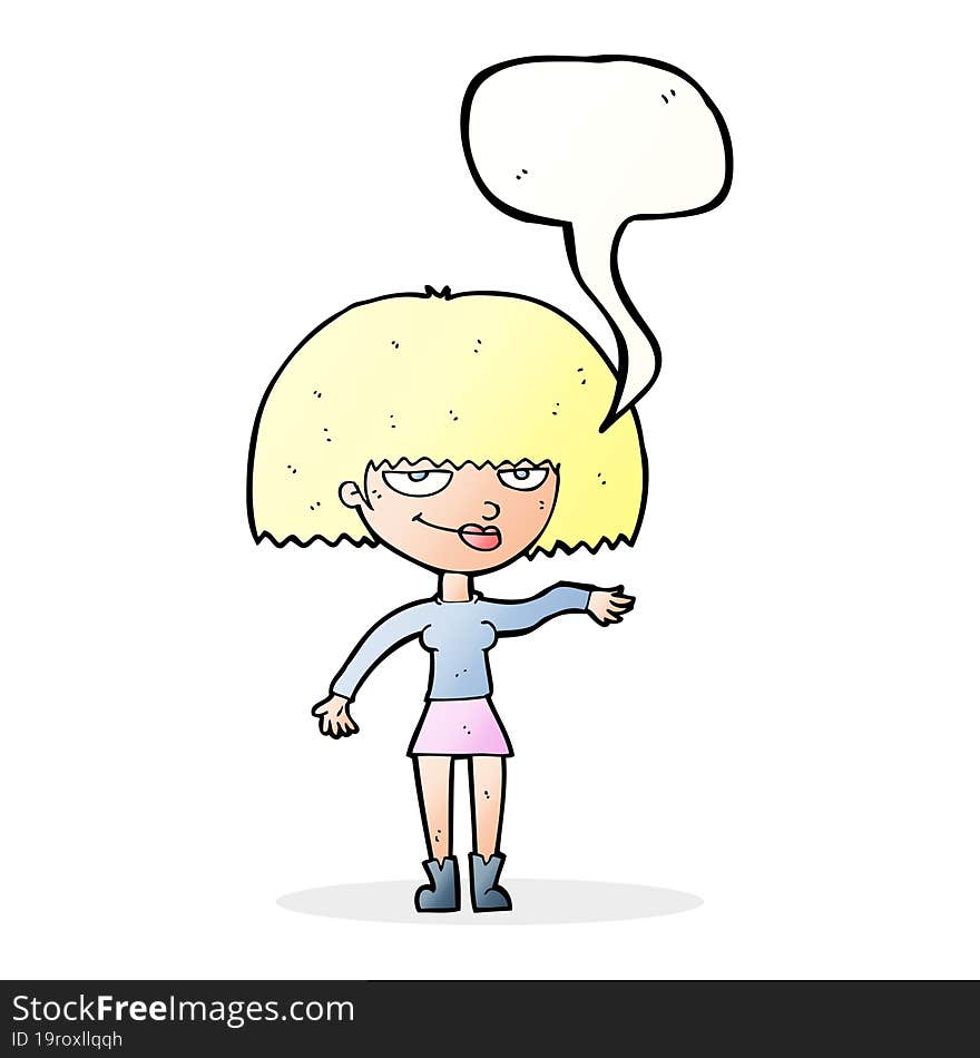 cartoon smug woman making dismissive gesture with speech bubble