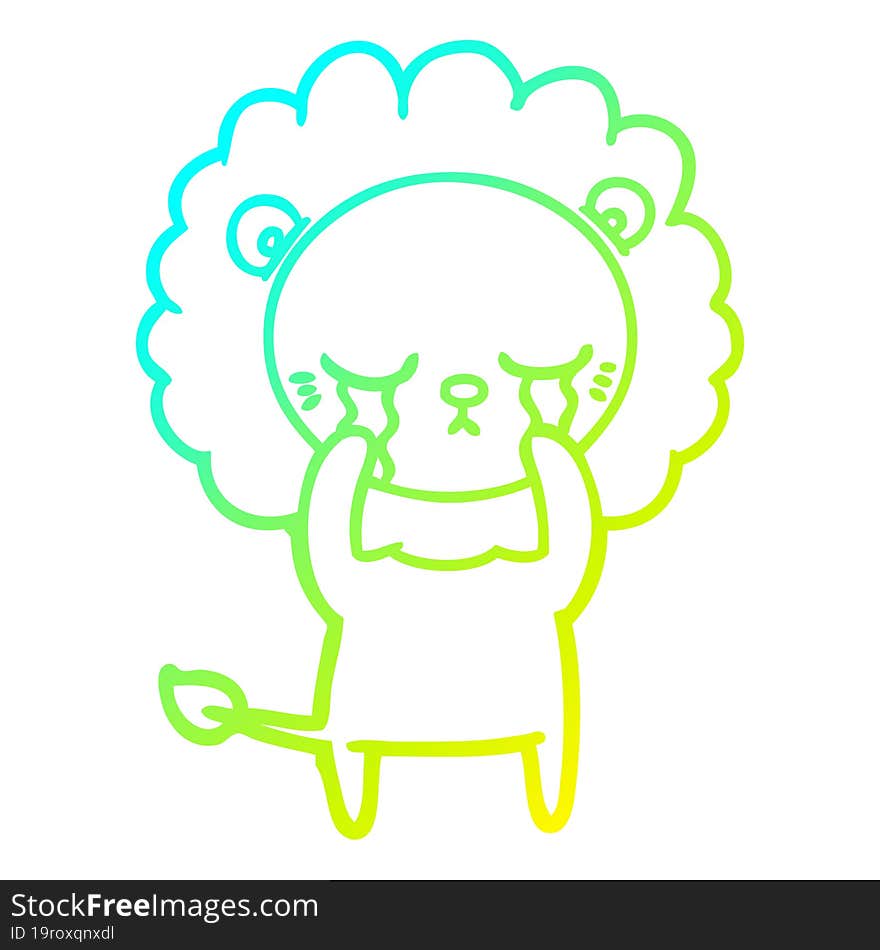 cold gradient line drawing of a crying cartoon lion