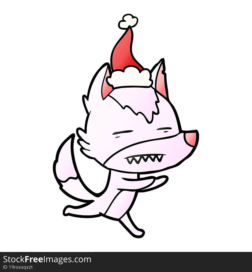 hand drawn gradient cartoon of a wolf showing teeth wearing santa hat