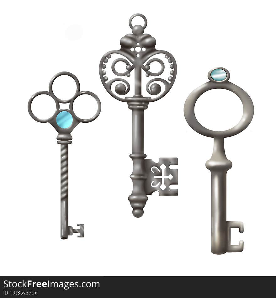 Set With Isolated Realistic Images Of Vintage Keys In The Style Of Silver Color With Diamonds And Decorative Patterns