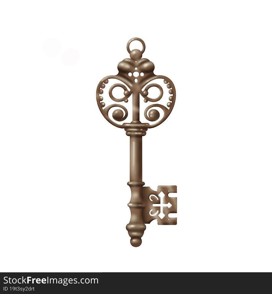 Isolated Realistic Images Of Vintage Keys In The Style Of Gold And Bronze Color With Diamonds And Decorative Patterns