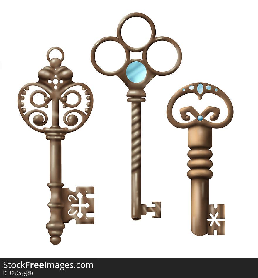 set with isolated realistic images of vintage keys in the style of gold and bronze color with diamonds and decorative patterns