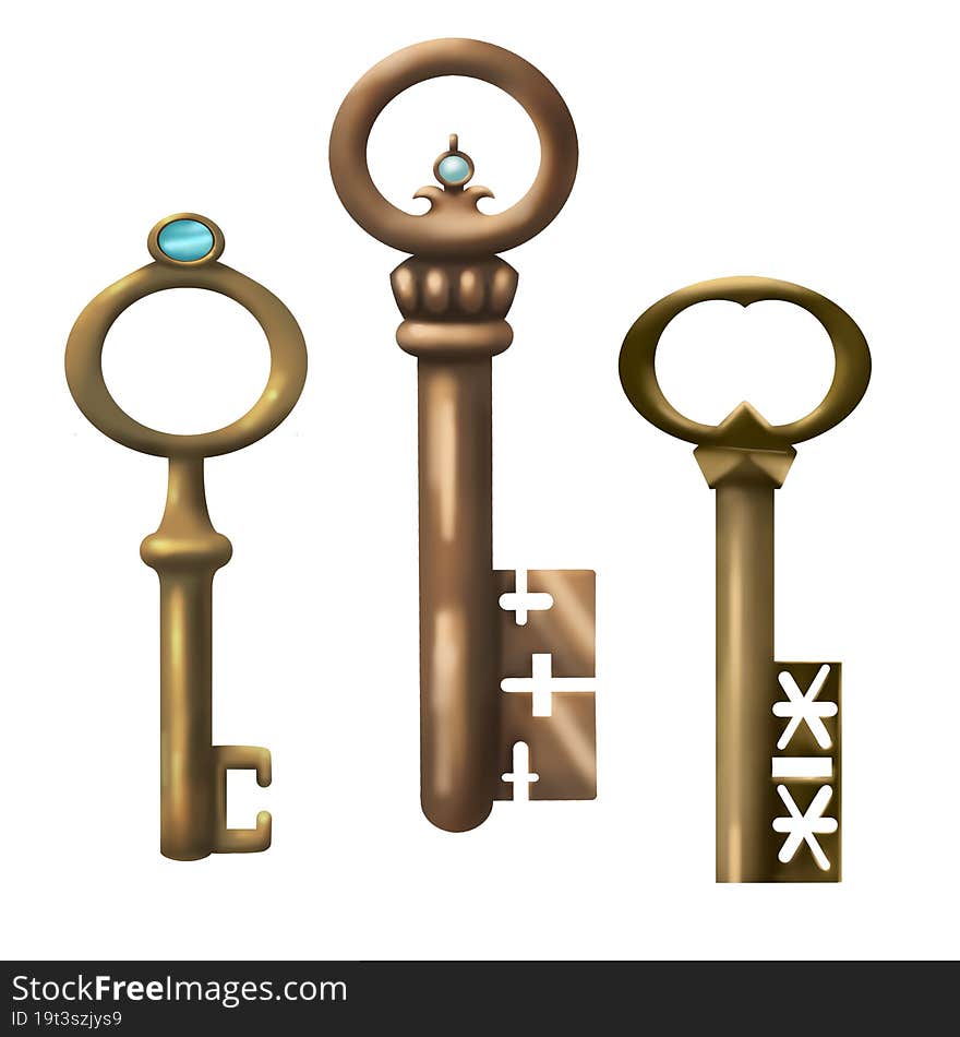 Set With Isolated Realistic Images Of Vintage Keys In The Style Of Gold And Bronze Color With Diamonds And Decorative Patterns