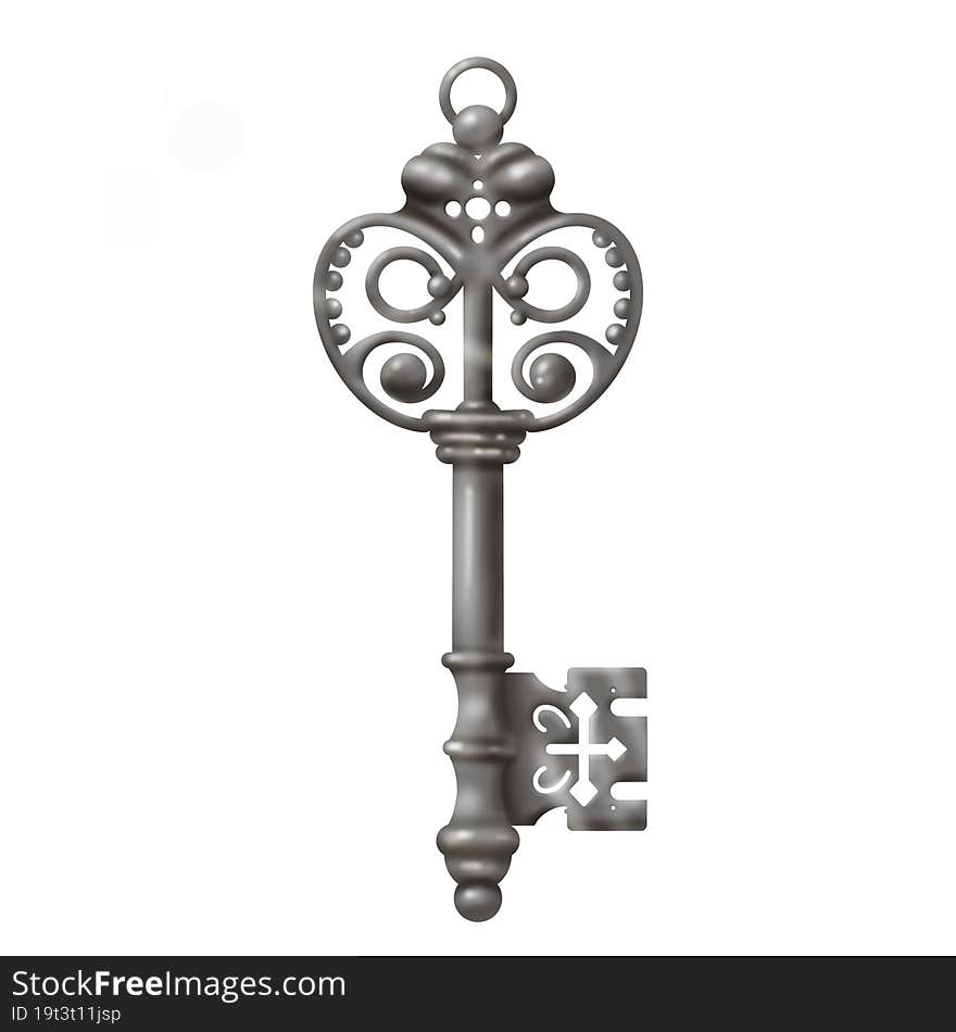 Isolated realistic images of vintage keys in silver color style with diamonds and decorative patterns