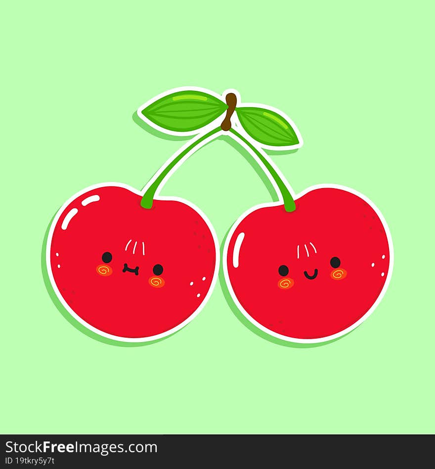 Cute funny cherry waving hand character. Vector hand drawn cartoon kawaii character illustration icon. Isolated on white background. Happy cherry character concept