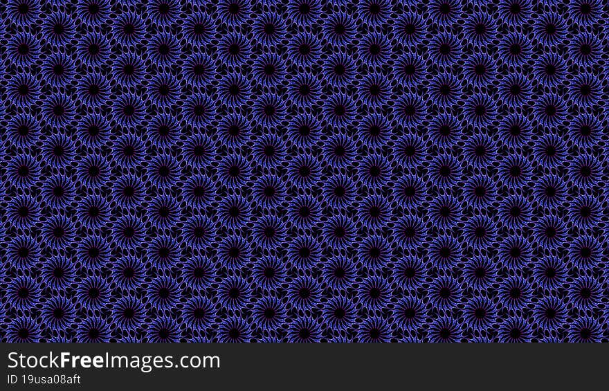 Black bright blue pink multicolored glow floral fractal circles and swirls polygon seamless pattern