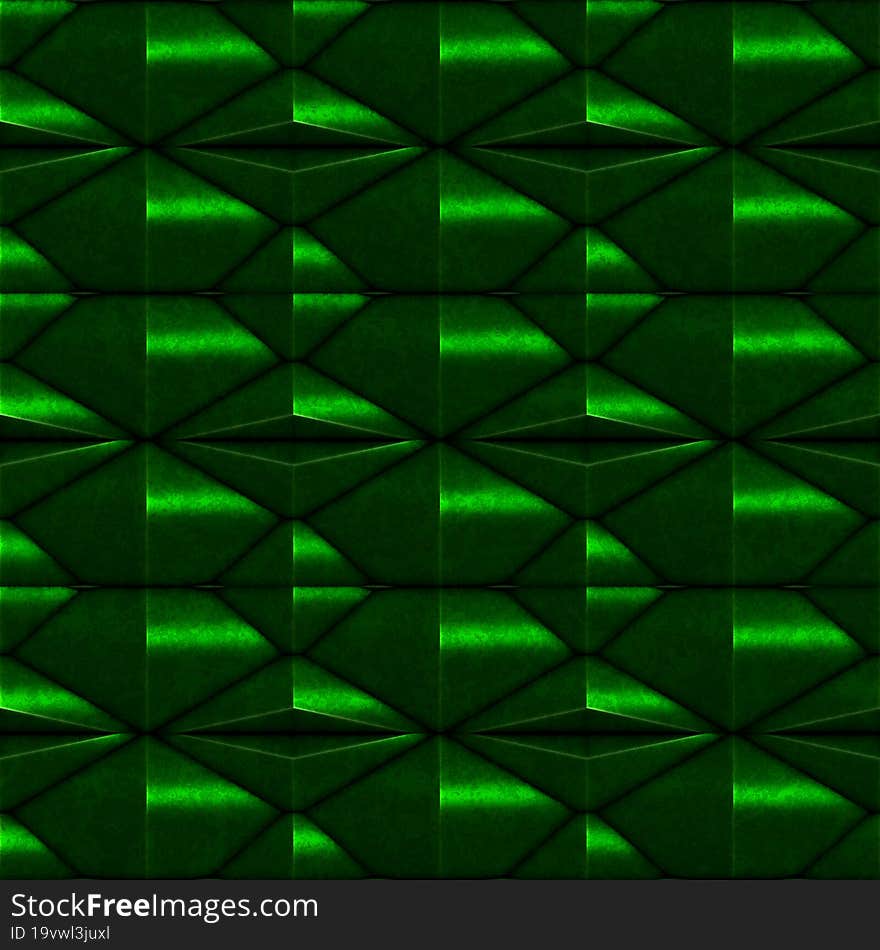 Black green futuristic ceramic mosaic reflection corrosion polygonal ornament 3D seamless pattern