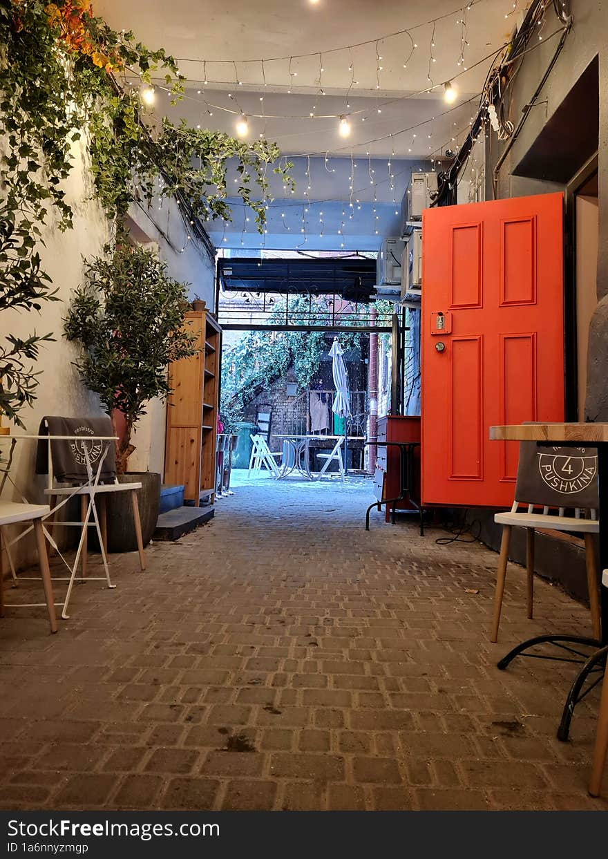 Winter courtyard of a restaurant with illumination and green plants