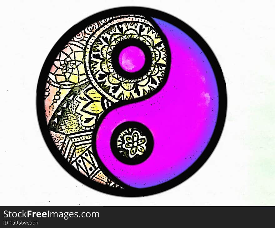 Yin and yang drawing in fuchsia and purple watercolor on white background.  The yin and yang theory holds that everything in the u