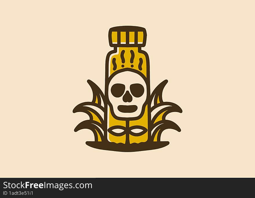 Vintage art illustration design of skull in the bottle