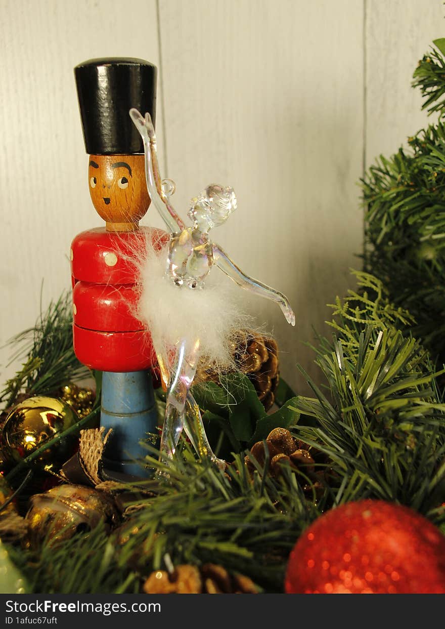 Vintage Wooden Nutcracker and Glass ballerina.. The Nutcracker Ballet  Christmas tradition