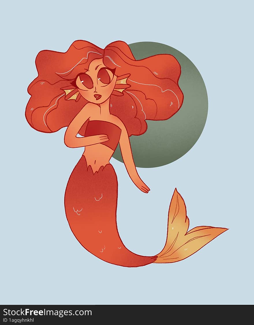 illustration of mermaid with red curly hair