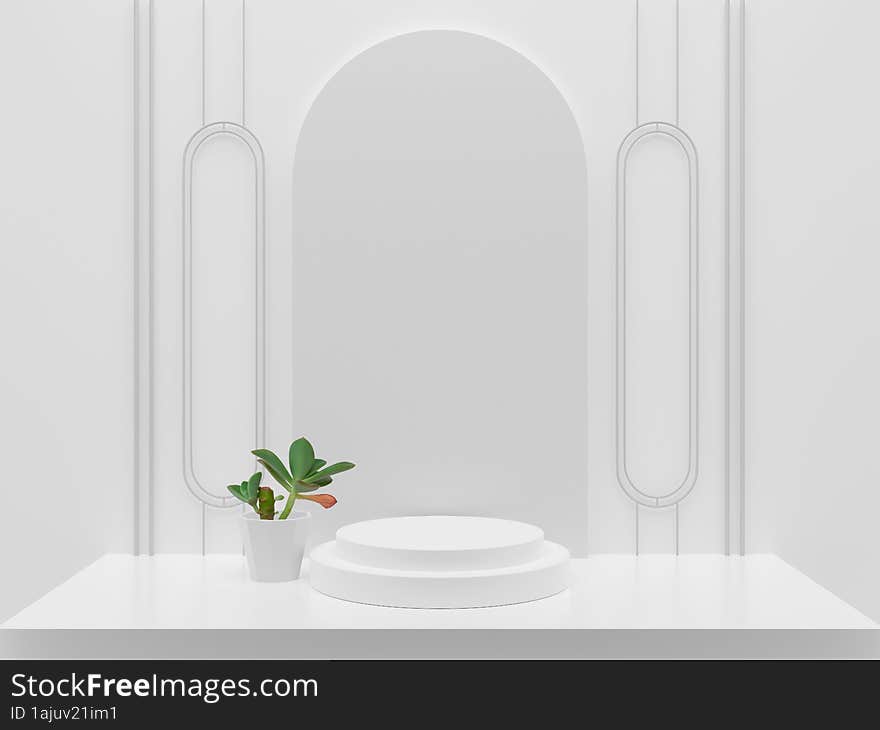 3D illustration of white cylindrical plinth for a modern conceptual product presentation with a plant, arch, pedestal, 3d render