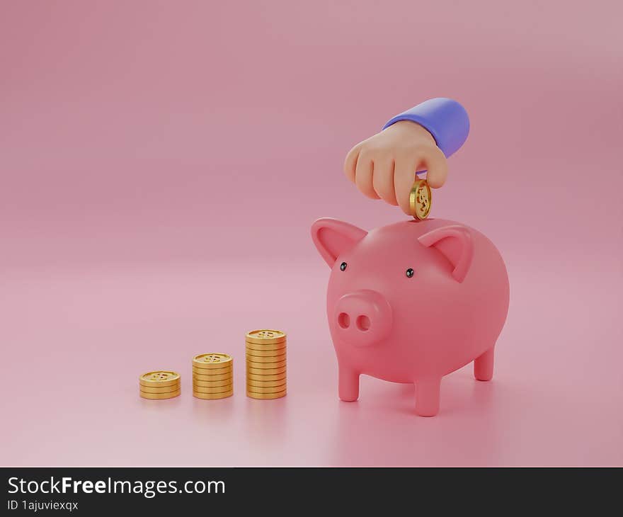 3D illustrate of hand putting a coin into pink piggy money savings concept on pink background