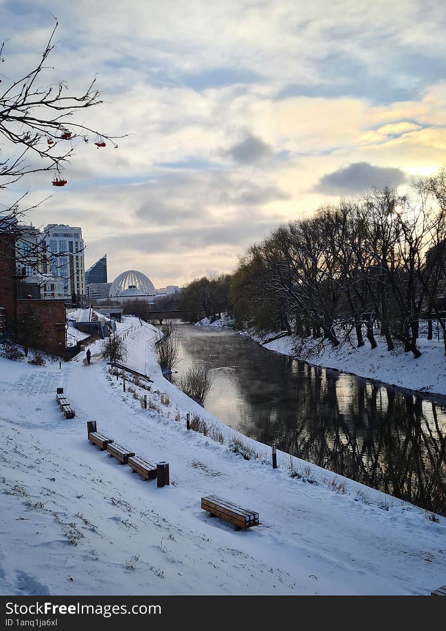 Winter Cityscape With River, Yekaterinburg, Russia