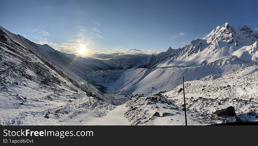 Beautiful panorama view in morning at larkya la pass (5106m) manaslu circuit trek,one of the highest pass in Nepal. Beautiful panorama view in morning at larkya la pass (5106m) manaslu circuit trek,one of the highest pass in Nepal.