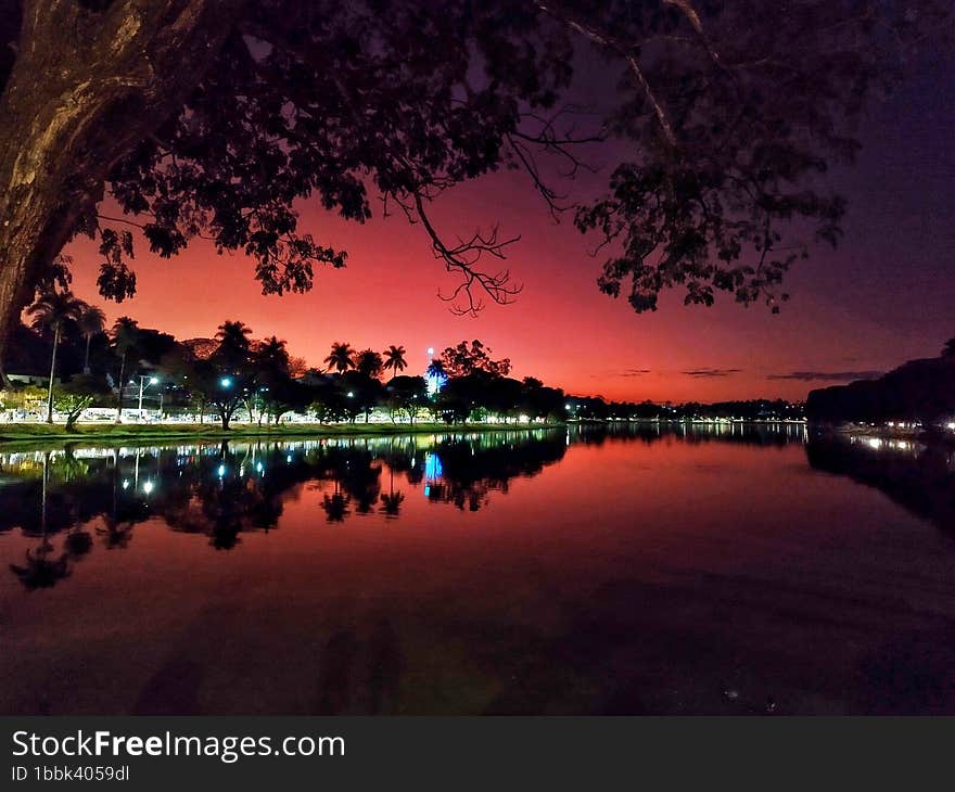 Majestic pink sky at dusk, reflected in a pond and a beautiful tree framing the landscape