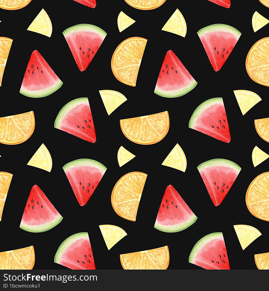 Watercolor watermelon, lemon and orange seamless pattern on black background. Fruit sliced into wedges. Design for ice cream packa