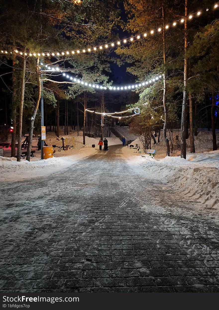 Illumination over the evening alley in the park