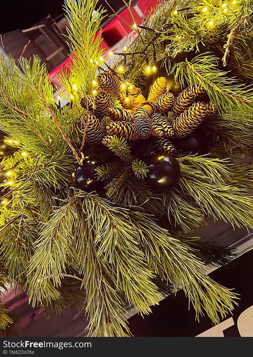 Black Christmas Balls With Green Spruce Branches