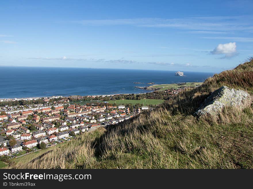 North Berwick town view from top of the North Berwick Law Hill, Scotland, UK