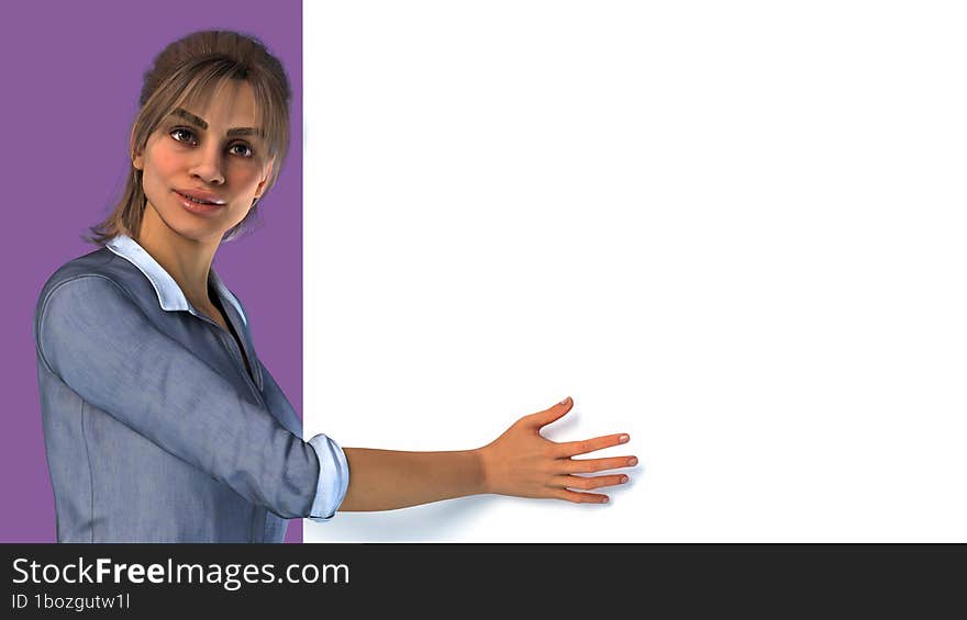 young woman holding and showing white billboard canvas blank copy space pink purple background 3D illustration