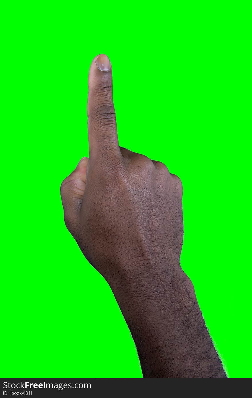 hand pointing forefinger isolated on green screen chroma key finger showing african man presentation