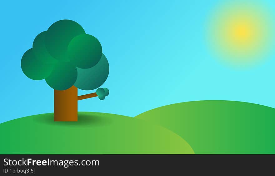 Simple landscape design of a park in the morning, with a tree. The design only uses simple objects such as circles, ovals and squares. Give a little gradient effect on some objects.