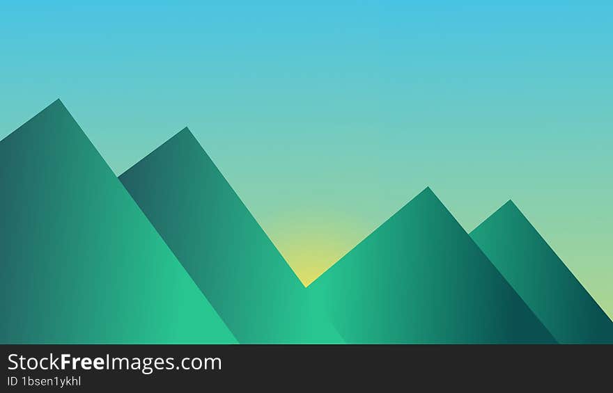 simple design view of a green mountain in the morning and the sun is about to rise. The design uses simple shapes and gradients