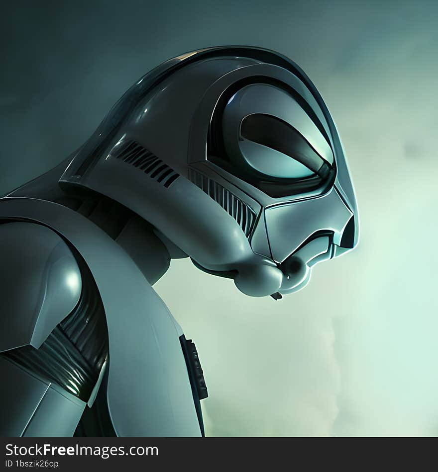 Science Fiction Space Age Robot, shining metal alien robot, smoky background - created by AI